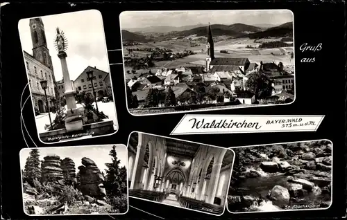 Ak Waldkirchen Niederbayern, Panorama, Kirche, Marktplatz, Mariensäule, Saußbachklamm