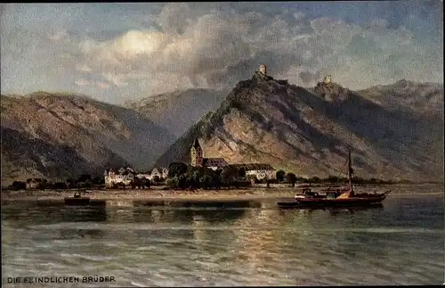 Künstler Ak Astudin, Bornhofen am Rhein, feindliche Brüder, Burg Sternberg, Sterrenberg, Liebenstein