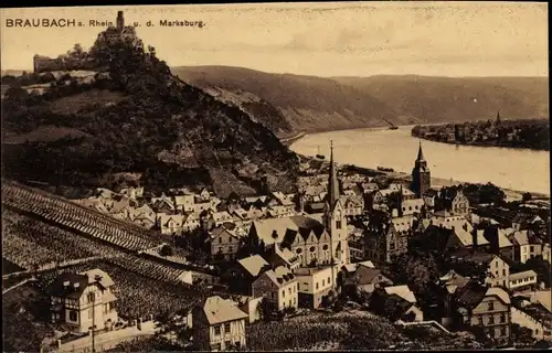 Ak Braubach am Rhein, Panorama mit Marksburg