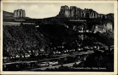 Ak Postelwitz Bad Schandau in Sachsen, Panorama, Elbtal, Dampfschiff, Falkenstein, Schrammsteine