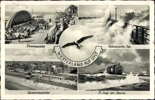 Ak Westerland auf Sylt, D-Zug im Sturm, Hindenburgdamm, Gesamtansicht, Promenade