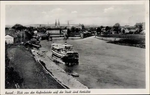 Ak Kassel in Hessen, Blick von der Hafenbrücke auf die Stadt, Herkules