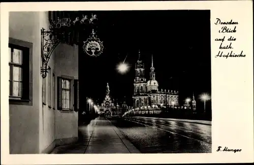 Ak Dresden Zentrum Altstadt, Katholische Hofkirche, Nachtansicht