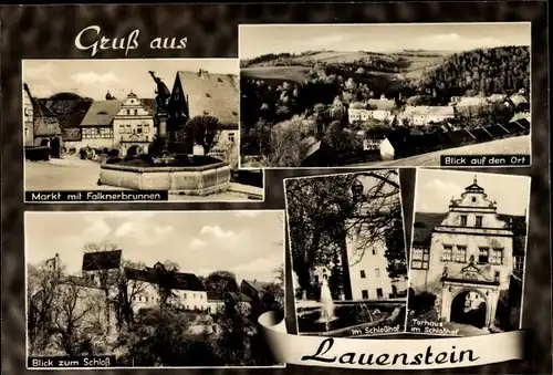 Ak Lauenstein Altenberg im Erzgebirge, Schloss, Markt, Falkenerbrunnen, Torhaus, Schlosshof