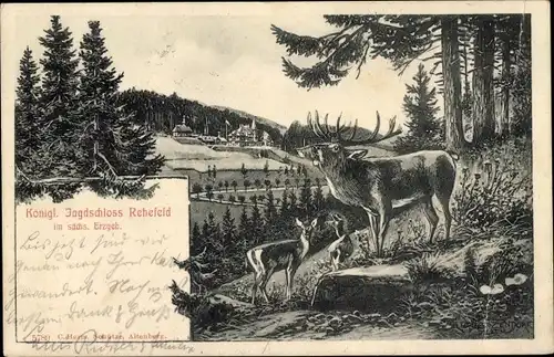 Künstler Ak Rehefeld Zaunhaus Altenberg im Erzgebirge, Blick zum Königlichen Jagdschloss, Hirsch