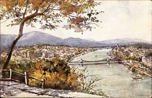 Künstler Ak Budapest Ungarn, Aussicht vom Gellertberg