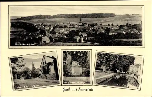 Ak Farnstedt Farnstädt im Saalekreis, Panorama, Kirche, Denkmal, Dorfteich