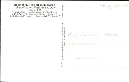 Ak Vielbrunn Michelstadt im Odenwald, Gasthof und Pension zum Hasen
