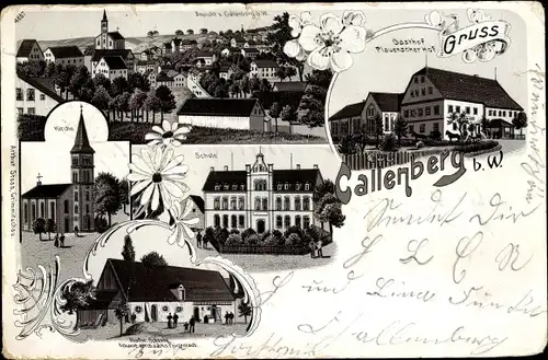 Litho Callenberg im Landkreis Zwickau, Gasthof Plauenscher Hof, Schule