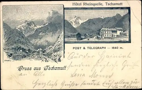 Ak Tschamut Tujetsch Tavetsch Kt. Graubünden, Hotel Rheinquelle