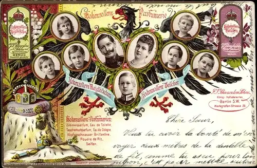 Litho Kaiserhaus unter Wilhelm II., Hohenzollern Parfumerie, Berlin Markgrafenstraße 29