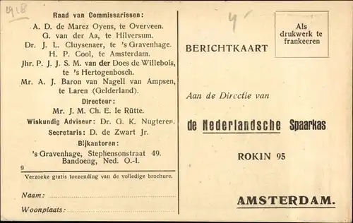 Ak Amsterdam Nordholland Niederlande, De Nederlandsche Spaarkas, Rokin 95