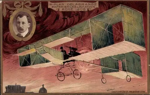 Präge Ak Doppeldecker Delagrange, Aviation Experiences Rom 1908