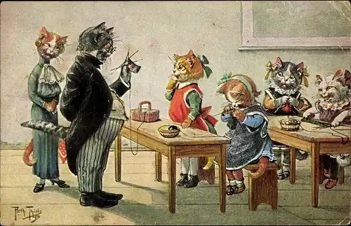 Künstler Ak Thiele, Arthur, Vermenschlichte Katzen in der Schule beim Stricken
