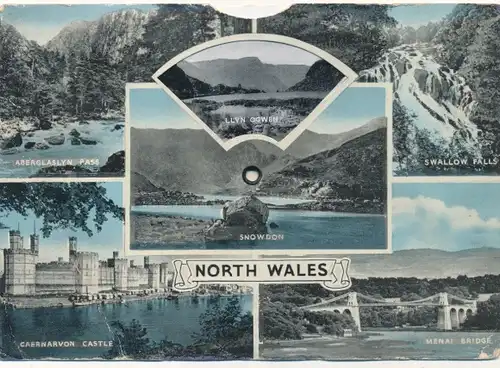 Mechanischer Ak Wales, Swallow Falls, Snowdon, Caernarvon Castle, Menai Bridge