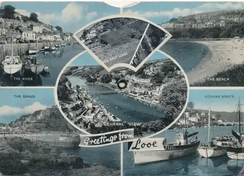 Mechanischer Ak Looe Cornwall England, Fischerboote, Strand, Gesamtansicht