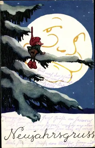 Künstler Ak Prosit Neujahr, Zwerg, Mondgesicht, Mampe Pampe, Erma 23