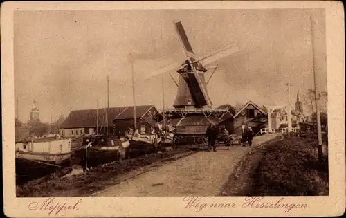 Ak Meppel Drenthe Niederlande, Weg naar Hesselingen, Windmühle