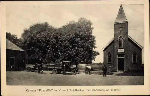 Ak Vries Tynaarlo Drenthe, Kolonie Filadelfia, Kirche, Bauernhof