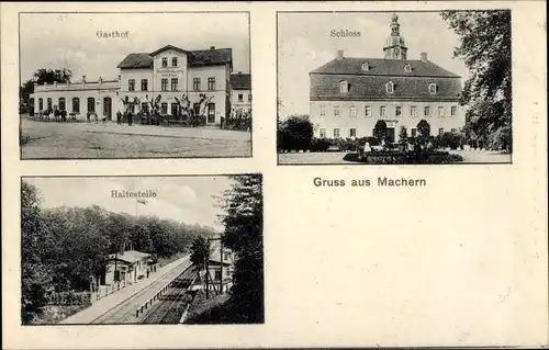 Ak Machern in Sachsen, Schloss, Gasthof, Haltestelle