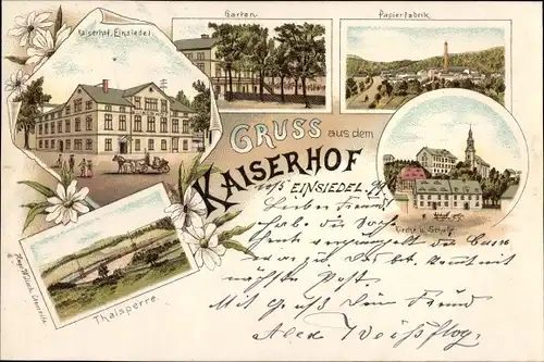 Litho Einsiedel Chemnitz, Kaiserhof, Talsperre, Papierfabrik, Garten