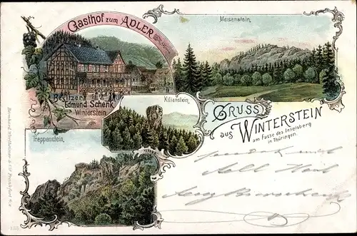 Litho Winterstein Waltershausen in Thüringen, Meisenstein, Treppenstein, Gasthof zum Adler