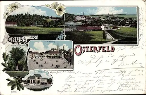 Litho Osterfeld im Burgenlandkreis, Marktplatz, Bahnhof, Totalansicht