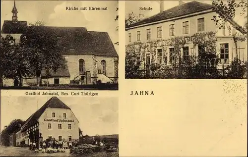 Ak Jahna Ostrau in Sachsen, Schule, Kirche, Ehrenmal, Gasthof Jahnatal