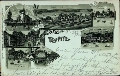 Mondschein Litho Teupitz in der Mark, Gasthof Marwitz, Tornow's Idyll, Totalansicht