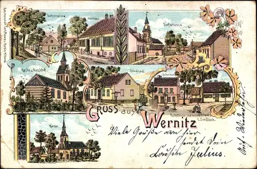 Litho Wernitz Wustermark im Havelland, Kirche, Dorfstraße, Schule