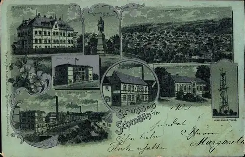 Mondschein Litho Schmölln in Thüringen, Aussichtsturm, Kaiser-Wilhelm-Denkmal, Schule, Krankenhaus