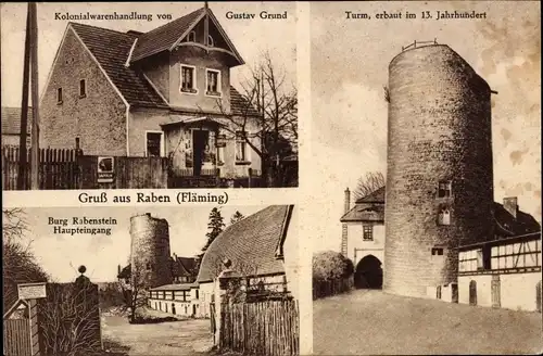 Ak Raben Rabenstein im Fläming, Kolonialwarenhandlung, Burg Rabenstein, Turm