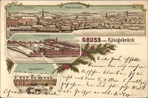 Winter Litho Königsbrück in der Oberlausitz, Totalansicht, Artillerie Kaserne, Marktplatz