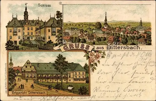 Litho Dürrröhrsdorf Dittersbach in Sachsen, Schloss, Erbgericht, Totalansicht