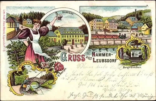 Künstler Litho Rau, E., Hammerleubsdorf Leubsdorf in Sachsen, Bergmännchen, Gasthof, Angler