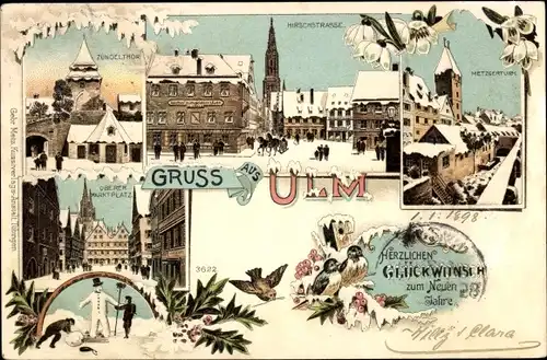 Winter Litho Ulm an der Donau, Glückwunsch Neujahr, Schneemann, Zundeltor, Hirschstraße