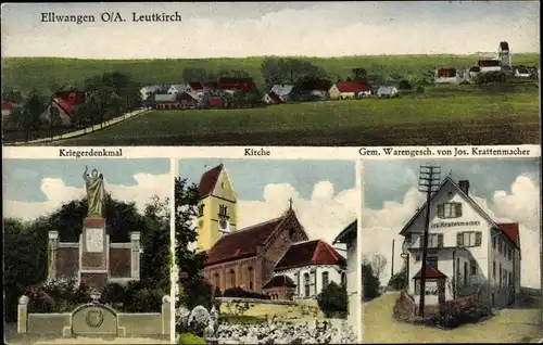 Ak Ellwangen Rot an der Rot Württemberg, Gemischtwarenhandlung, Kirche, Kriegerdenkmal