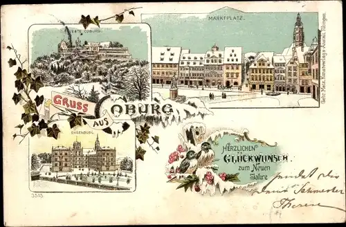 Winter Litho Coburg in Oberfranken, Glückwunsch Neujahr, Marktplatz, Veste, Ehrenburg