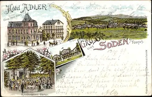 Litho Bad Soden am Taunus Hessen, Hotel Adler, Blick auf den Ort