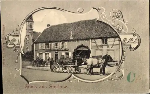 Passepartout Ak Storkow in der Mark, Fuhrwerk, Gasthof