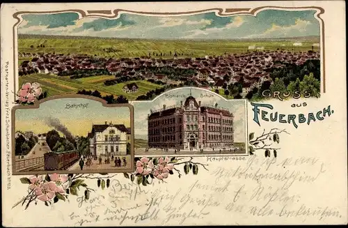 Litho Feuerbach Stuttgart in Württemberg, Hauptstraße, Bismarck-Schule, Bahnhof, Gleisseite