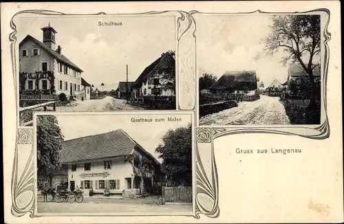 Ak Langenau Schopfheim in Baden, Gasthaus zum Maien, Schulhaus