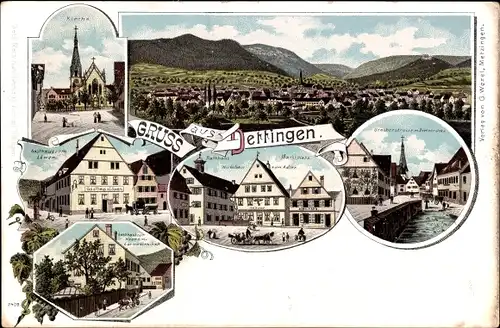 Litho Dettingen an der Erms im Kreis Reutlingen, Kirche, Marktplatz, Gasthaus zum Löwen