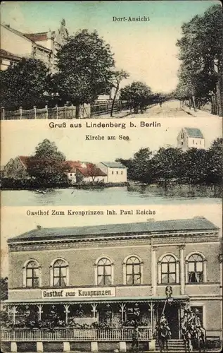Ak Lindenberg Ahrensfelde bei Berlin, Gasthof zum Kronprinzen, Kirche am See