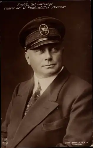 Ak Kapitän Karl Schwartzkopf, Führer des U Frachtschiffes Bremen, Portrait