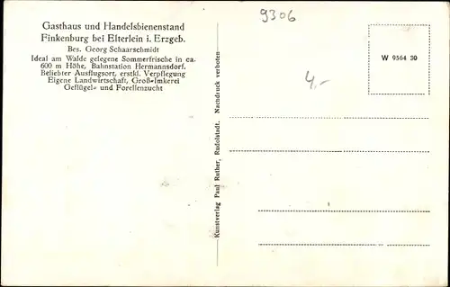 Ak Elterlein Erzgebirge, Gasthaus und Handelsbienenstand Finkenburg, Inh. Georg Schaarschmidt