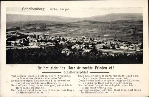 Lied Ak Scheibenberg im Erzgebirge, Panorama, Druhm zieht ins Harz dr rachte Frieden ei