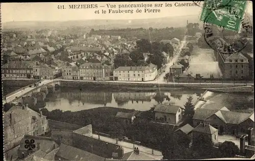 Ak Mézières Ardennes, Panoramablick auf die Kaserne und den Faubourg de Pierre