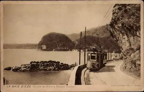 Ak Èze Alpes Maritimes, Die Bucht, Route von Nizza nach Monte Carlo, Straßenbahn