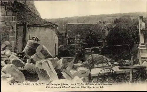 Ak Vassogne Aisne, zerstörte Kirche und Friedhof